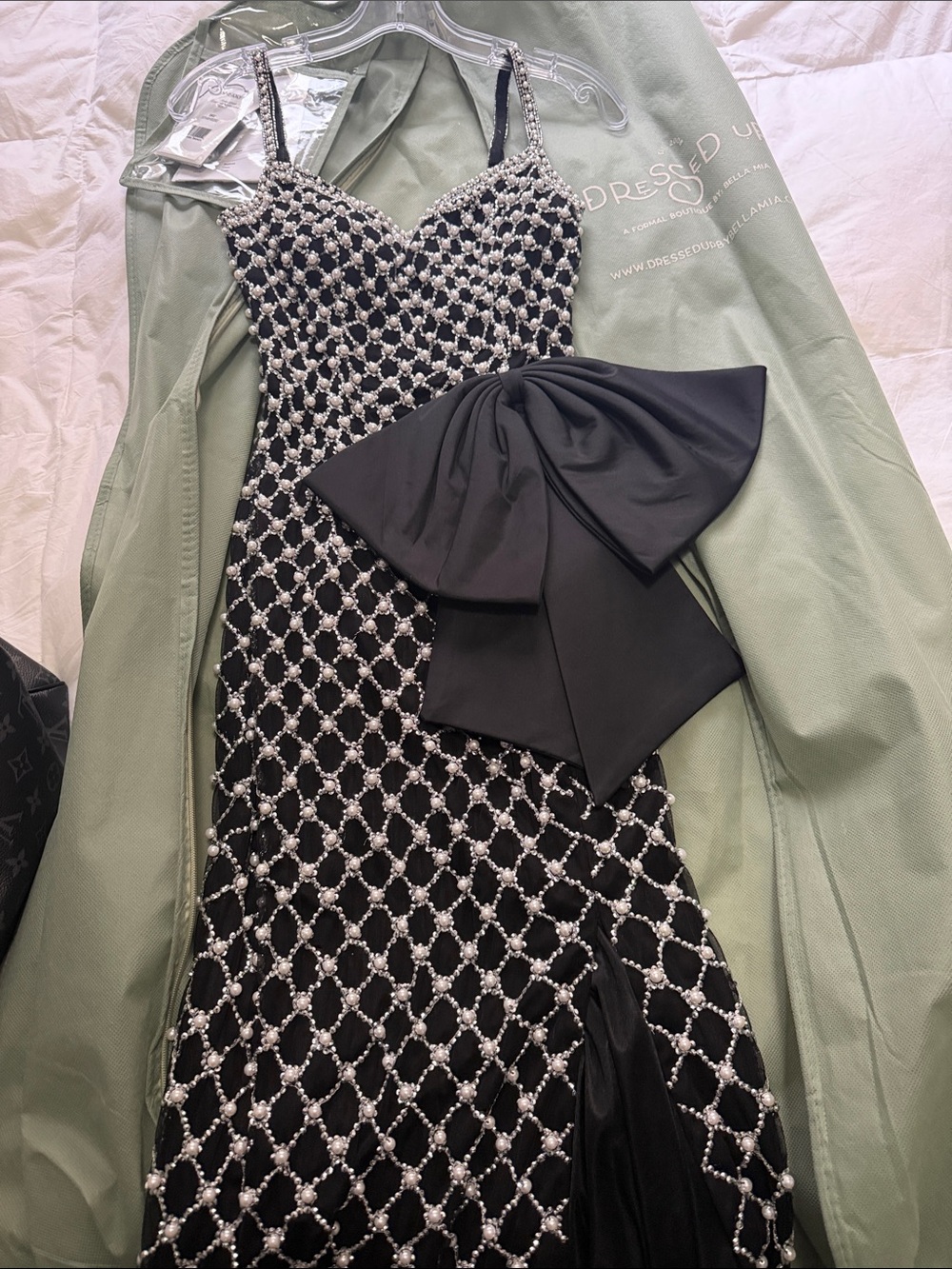 Sherri Hill Black Evening Gown with Silver Bead Lattice and Side Bow